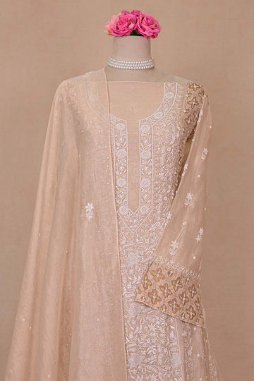 Beige Tissue Chanderi Chikankari Anarkali