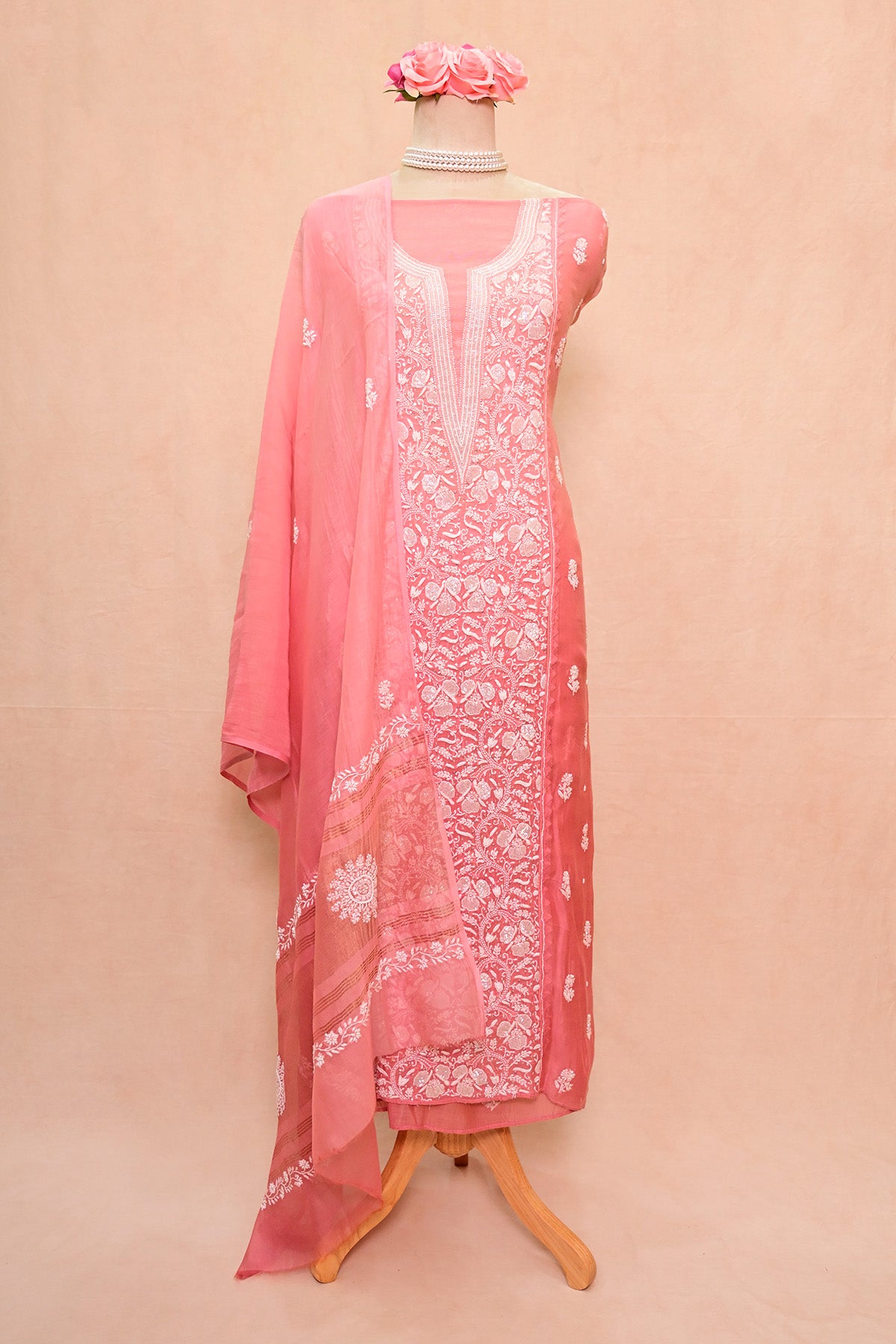 Rosewood Ombre Chanderi Chikankari Suit