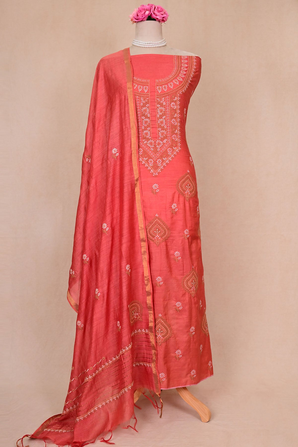 Coral Red Moonga Silk Chikankari Suit