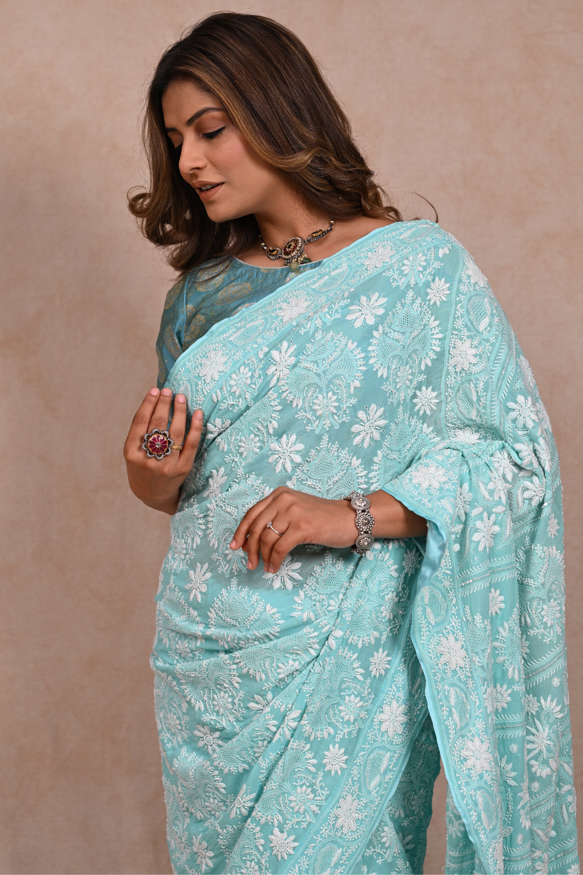 Sea Blue Pure Georgette Chikankari saree