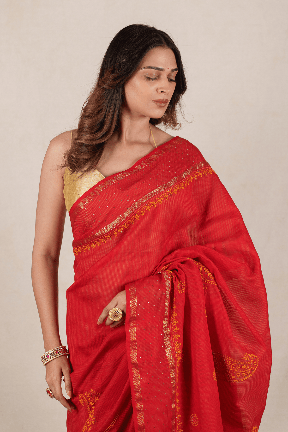 Vermilion Red Maheshwari Silk Chikankari Saree