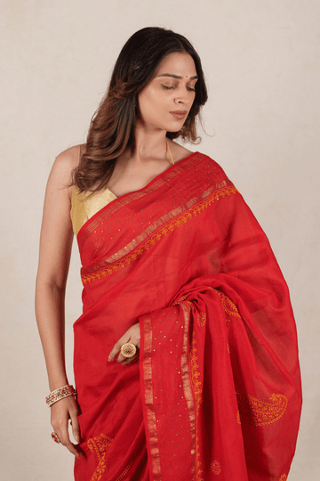 Vermilion Red Maheshwari Silk Chikankari Saree