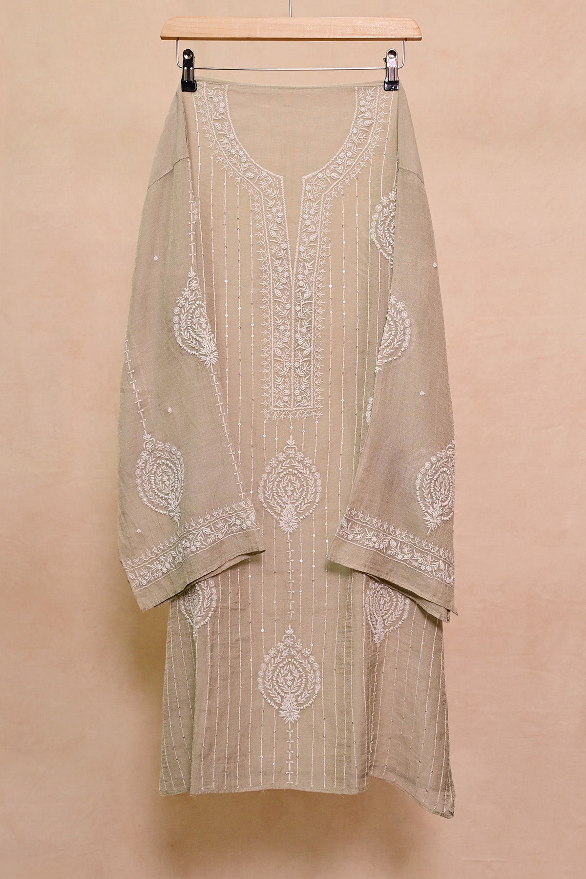 Light Olive Grey Silver Tissue Chanderi Chikankari Co-ord set