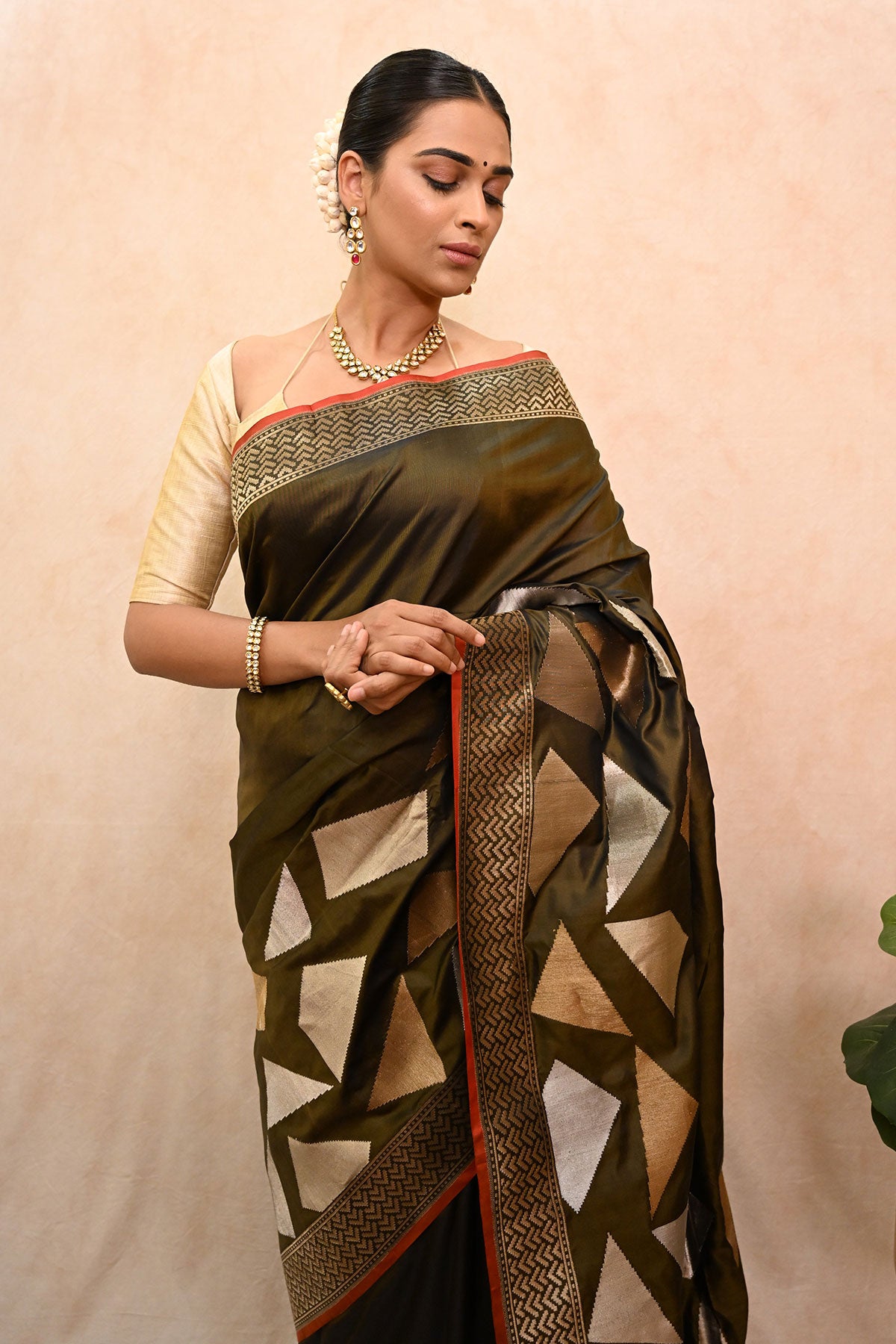 Olive Green Katan Silk Saree with Copper-Silver Zari Border