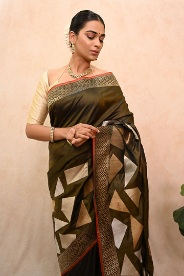 Designer Katan Silk Saree with Copper-Silver Zari Border