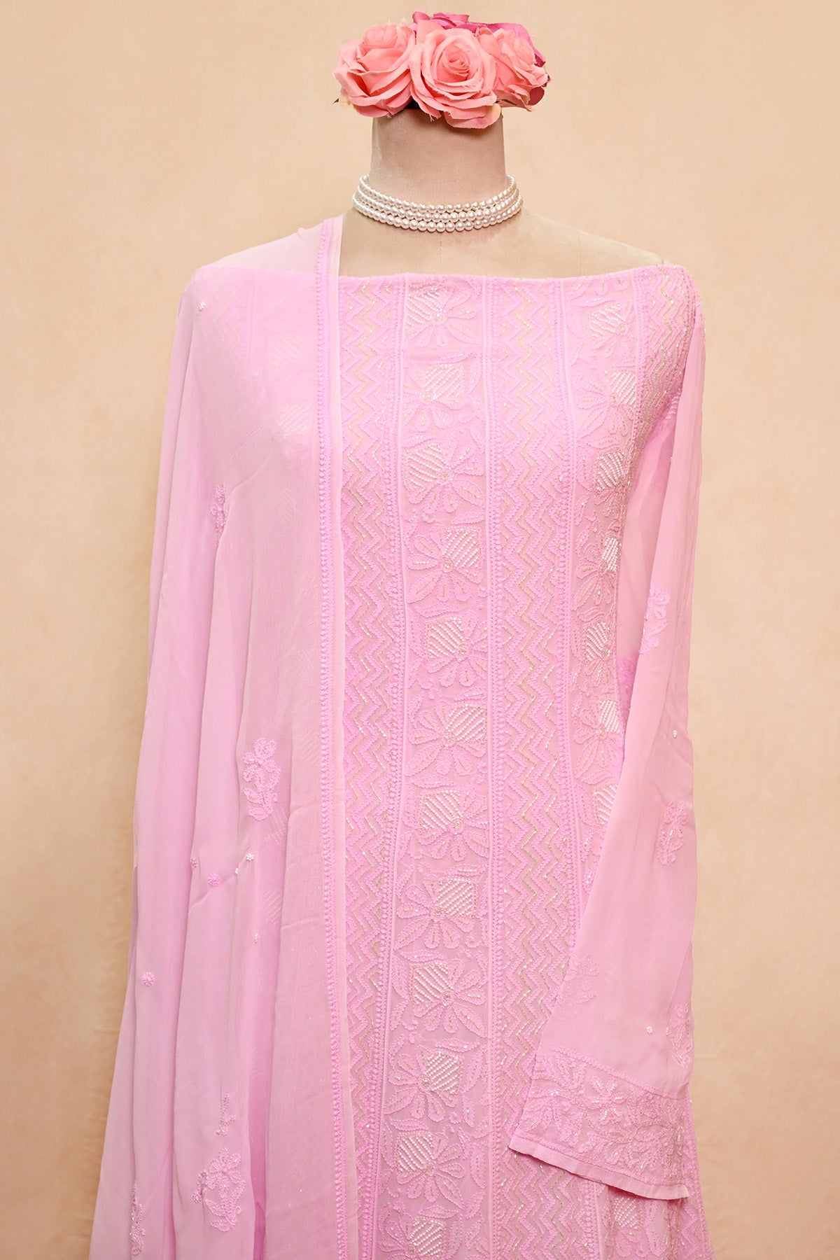 Pink Viscose Georgette Chikankari Anarkali