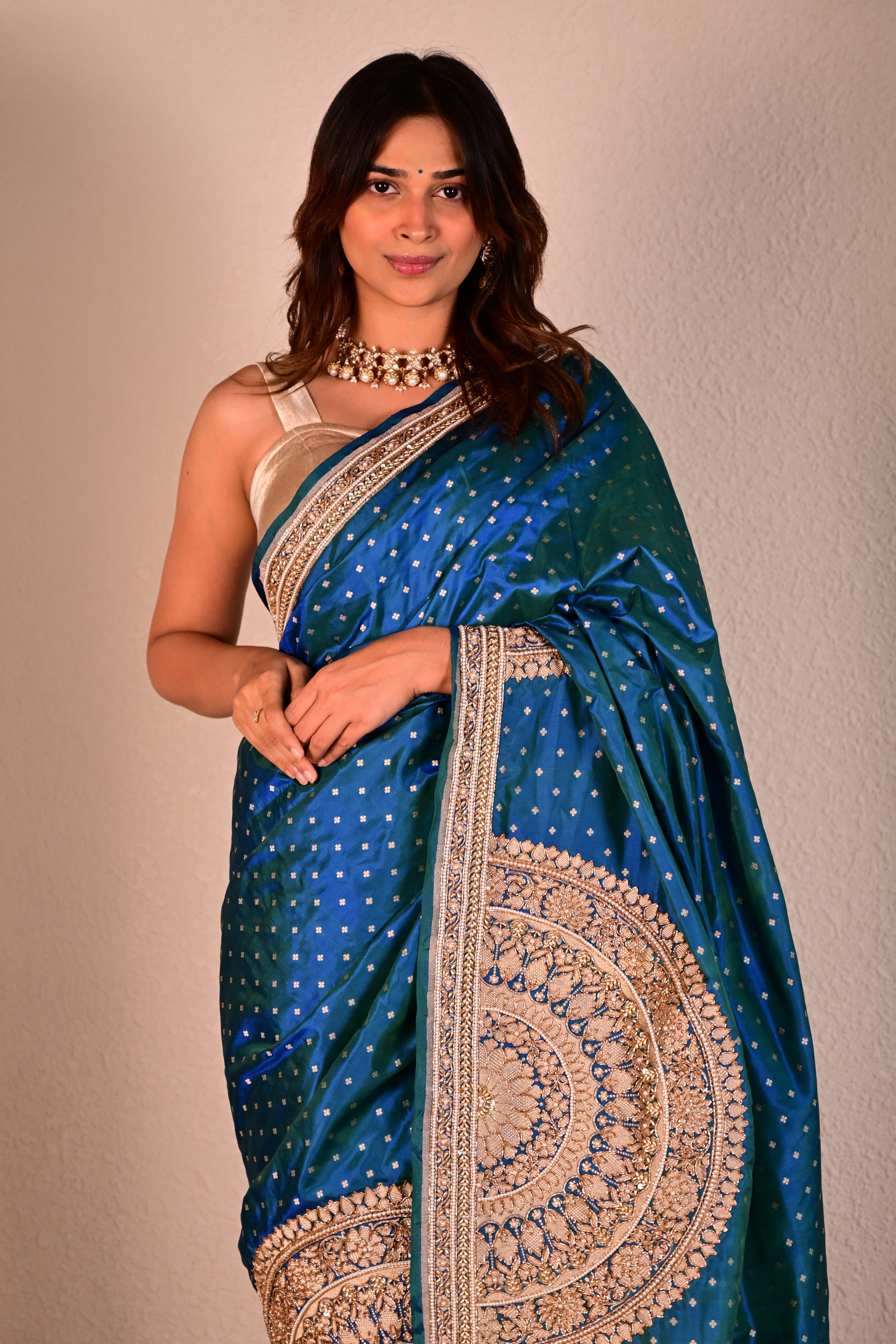 Peacock Blue Katan Silk Handcrafted Saree