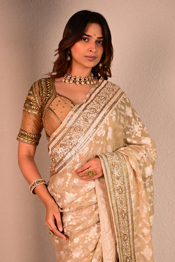 Champagne Gold Tissue Georgette Handcrafted Saree