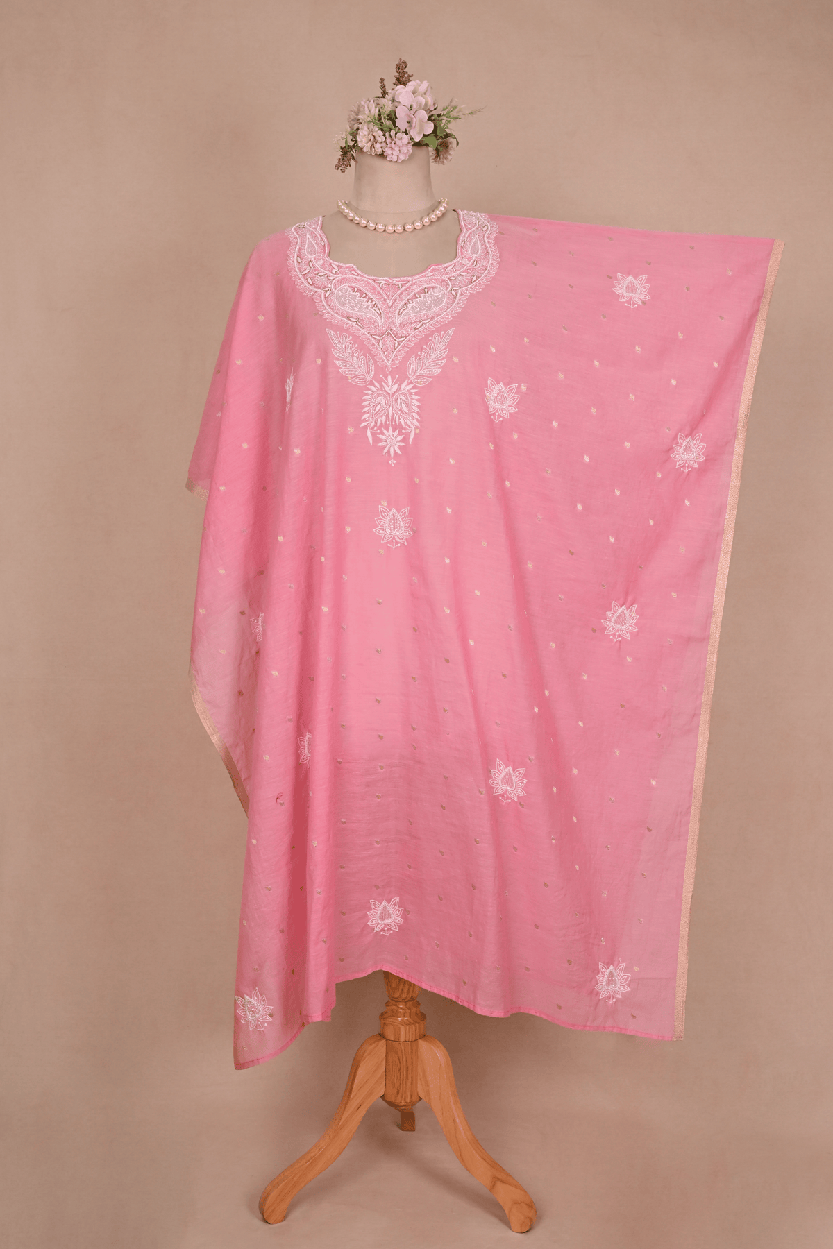 Blush Pink Banarasi Chanderi Chikankari Kaftan