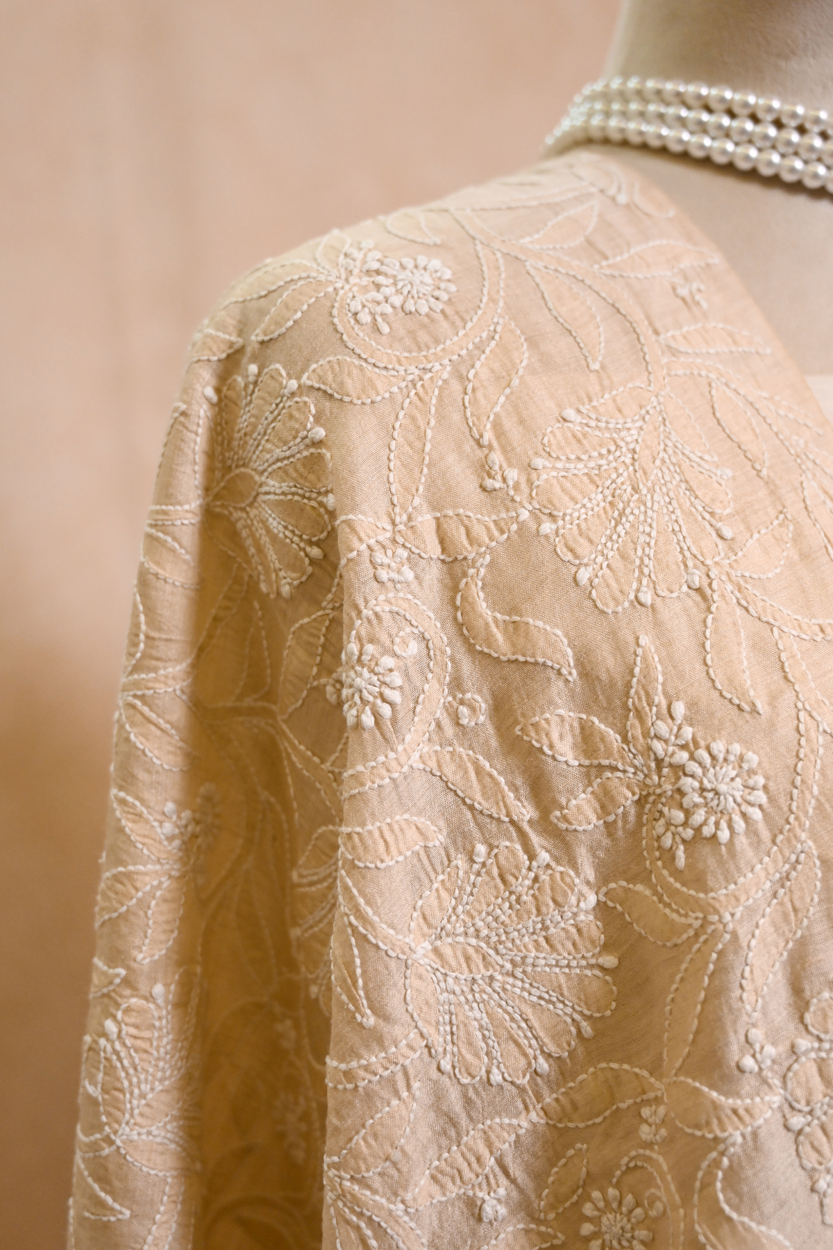 Beige Moonga Silk Chikankari Dupatta