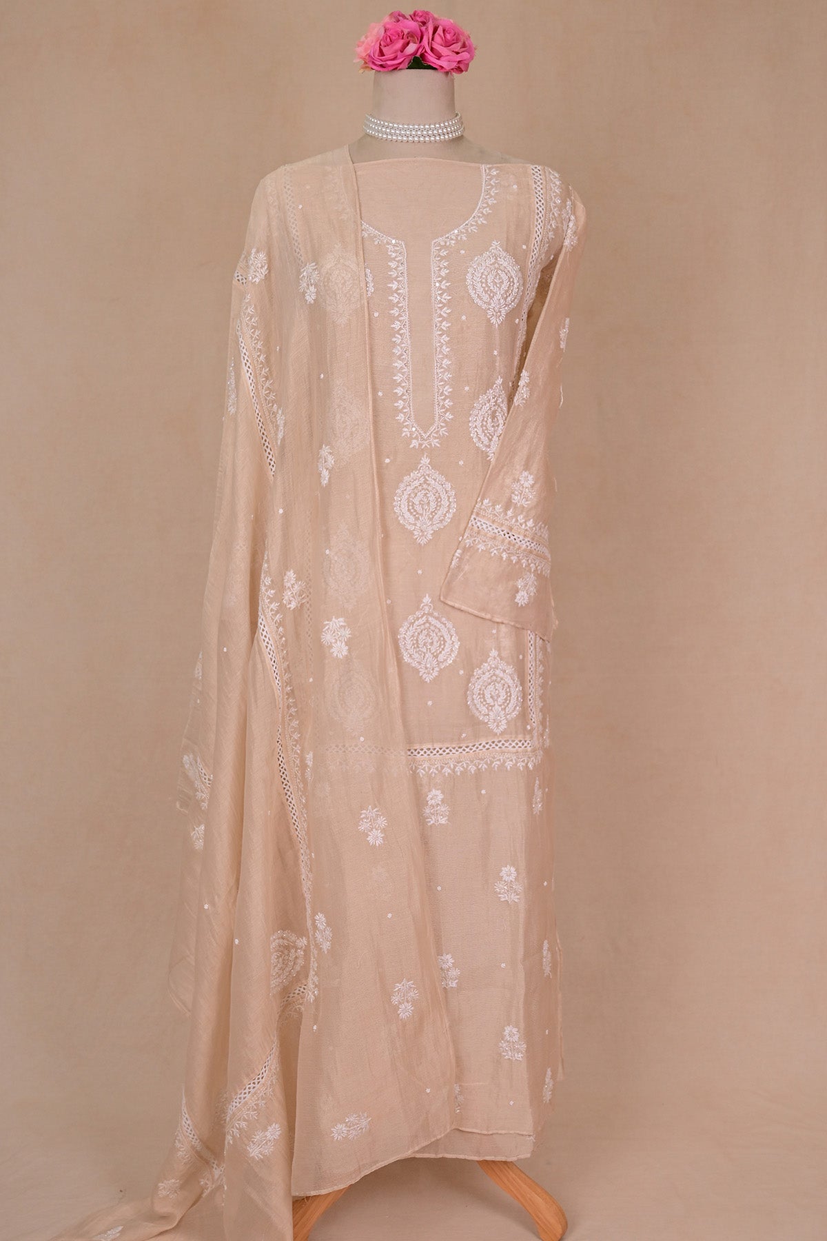 Beige Tissue Chanderi Chikankari Suit