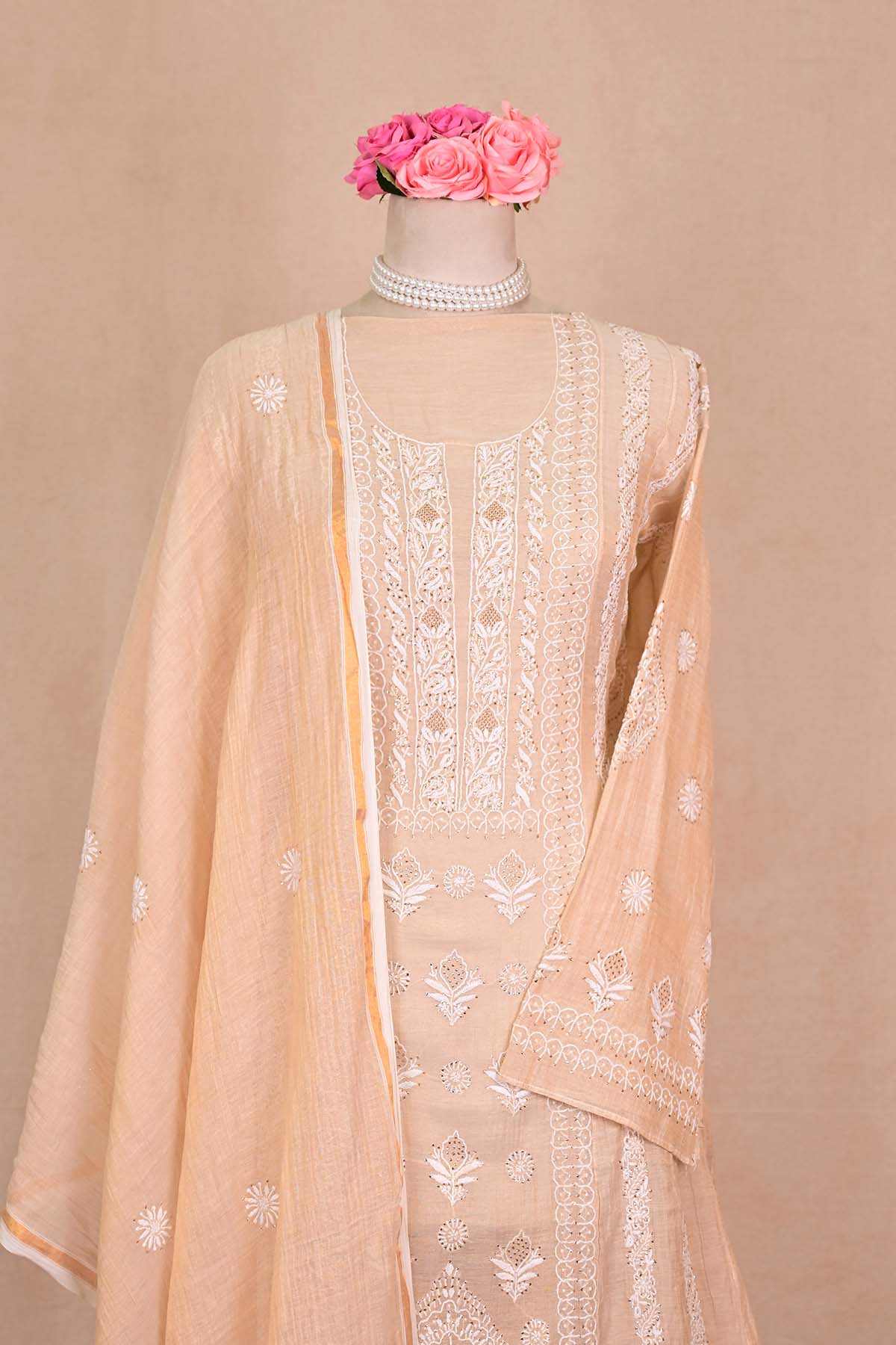 Beige Tissue Chanderi Chikankari Anarkali
