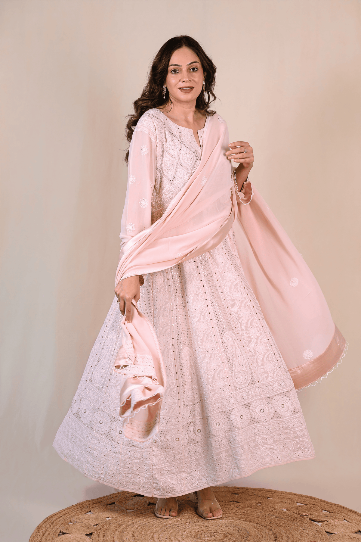 Light Rose Pink Georgette Chikankari Anarkali