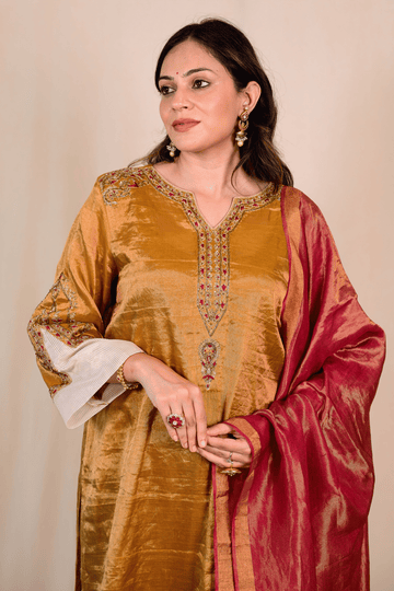 Yellow Ochre Tissue Silk Zardozi Suit