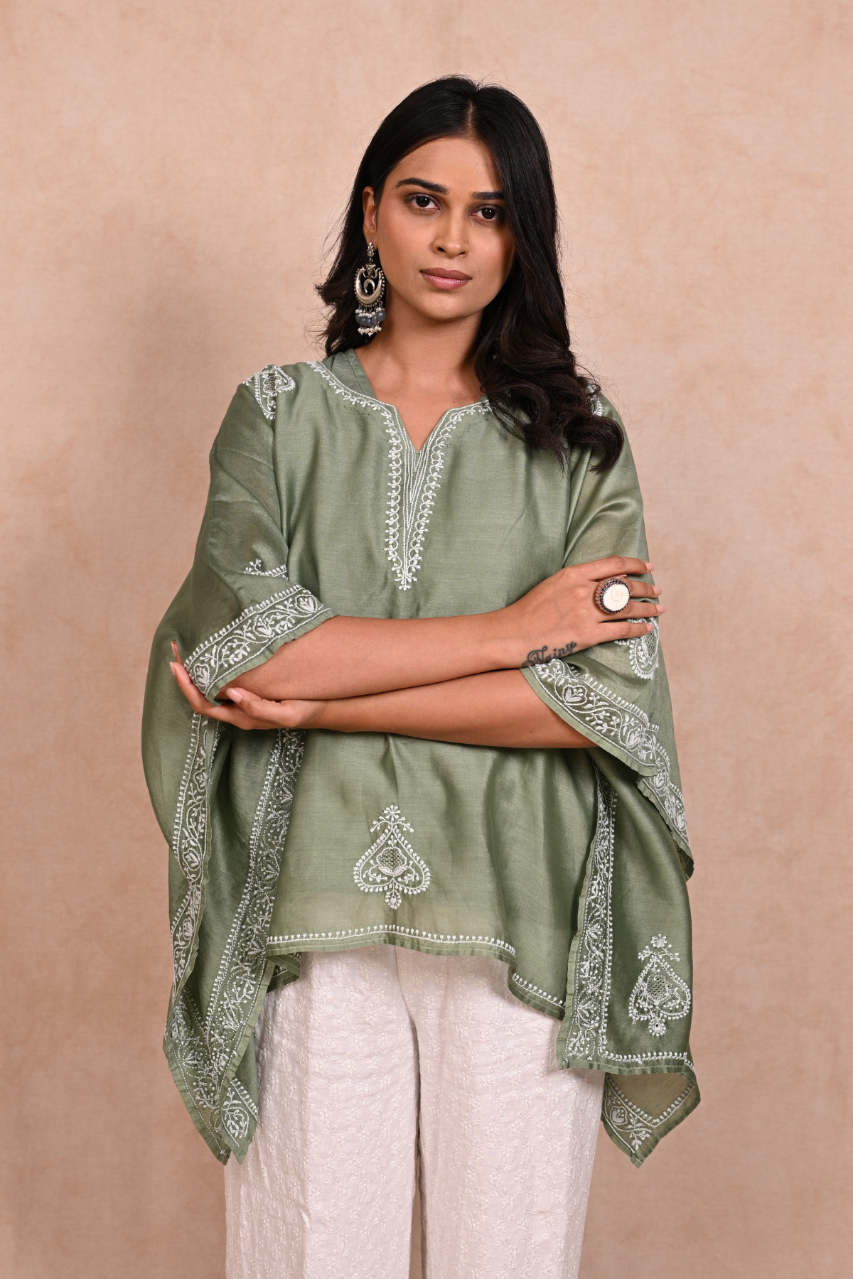 Sea Green Chanderi Chikankari Kaftaan