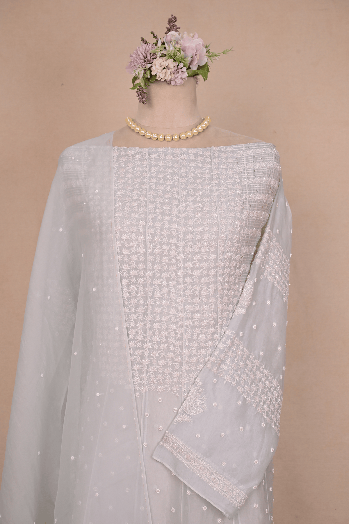 Ice Blue Organza Chikankari Anarkali