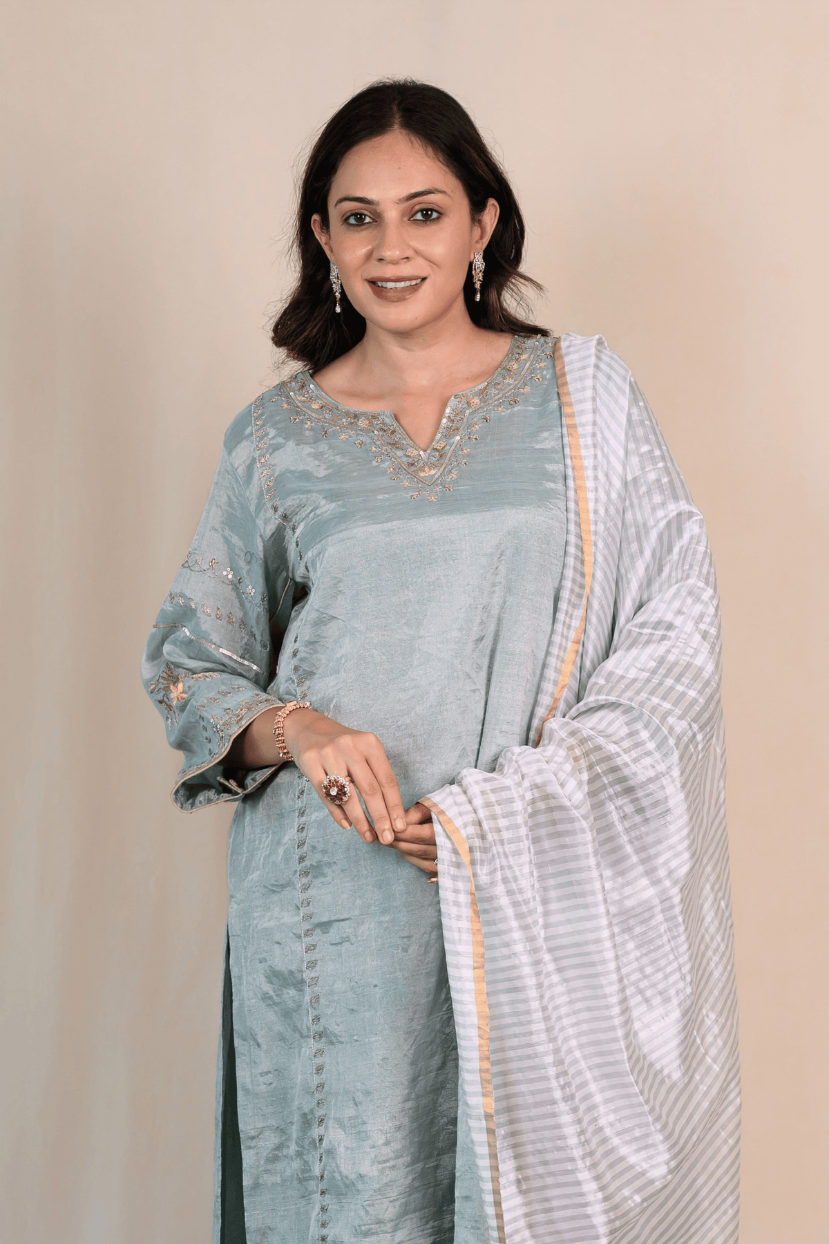 Pearl Blue Tissue Chanderi Zardozi Suit