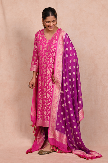Hot Pink Banarasi khaddi Georgette Suit