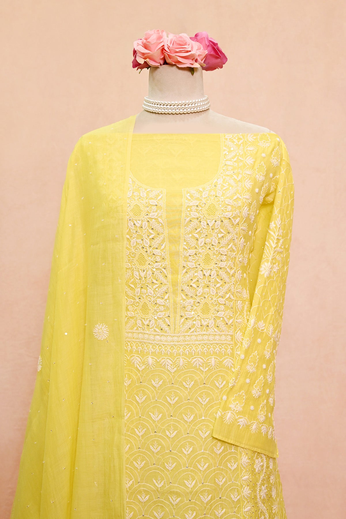 Lemon Yellow Chanderi Chikankari Anarkali