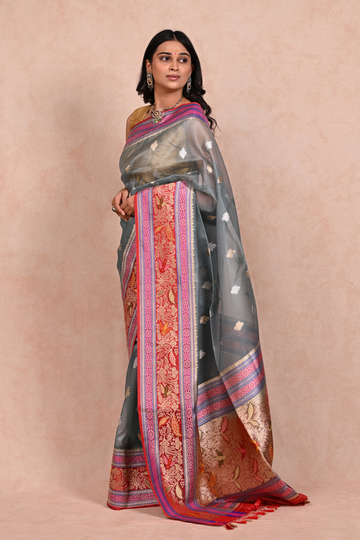Banarasi Kora Silk Saree with Satin Border & Resham-Zari Work