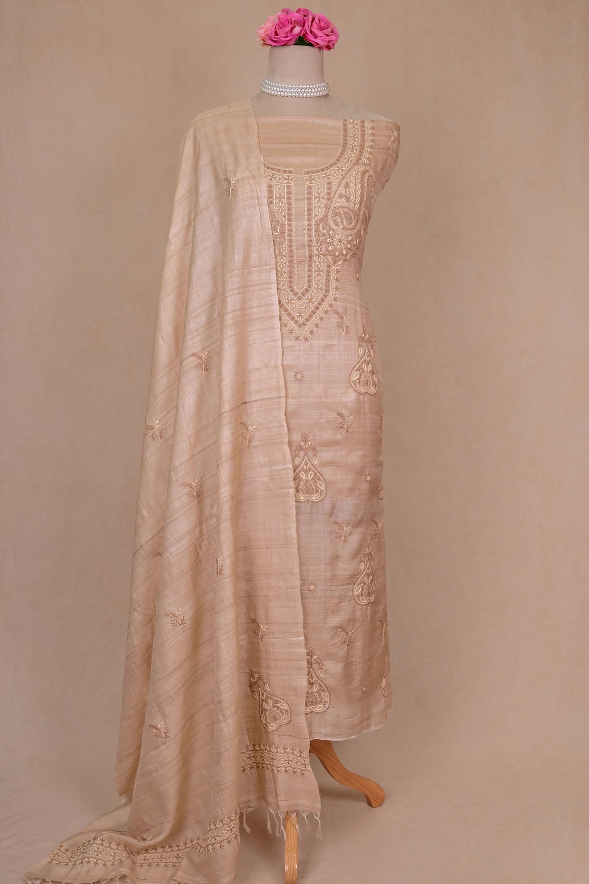 Beige Tussar Moonga Chikankari Suit