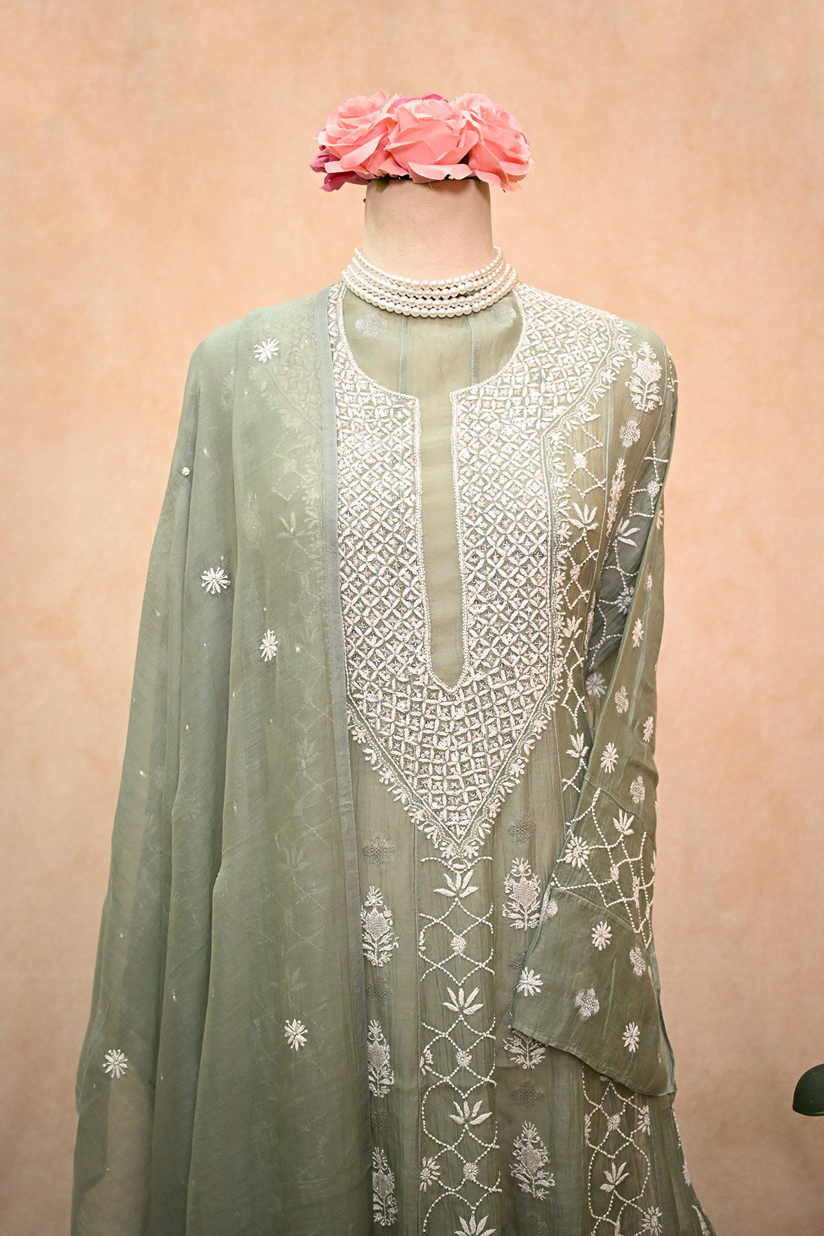 Sea Green soft Chanderi Chikankari Anarkali