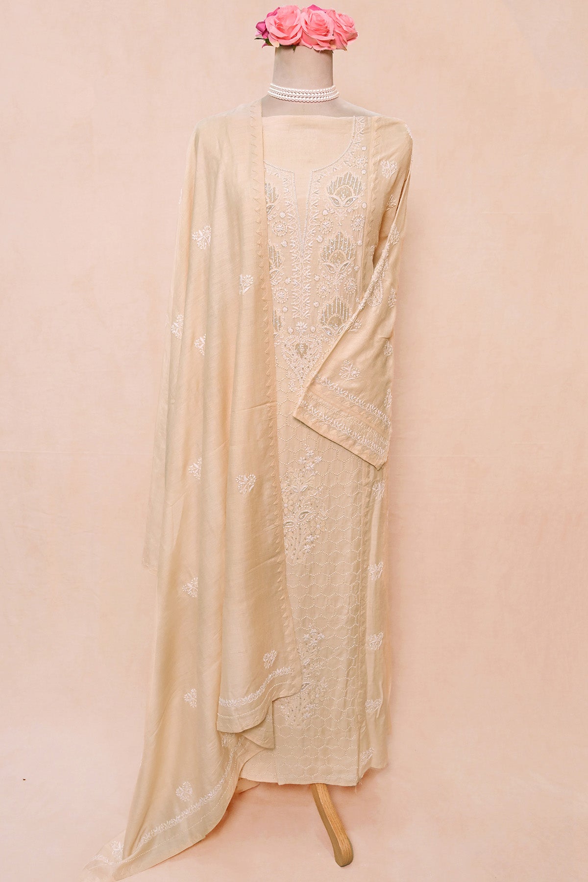 Cream Moonga Silk Chikankari Suit
