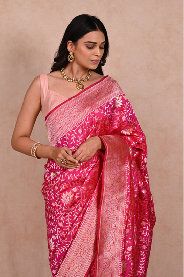 Hot Pink Katan Silk Rupa Sona Banarasi saree