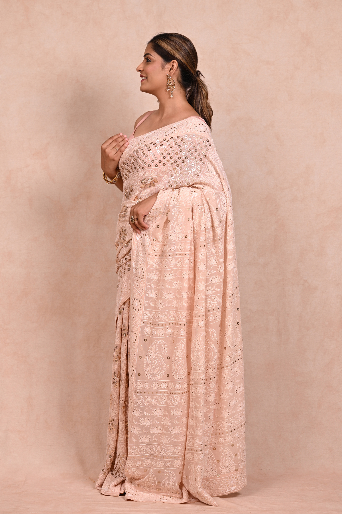 Peach Pure Georgette Chikankari saree