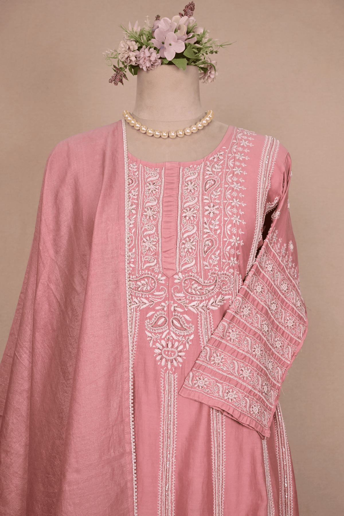 Vintage Rose Pink Chanderi Chikankari Anarkali