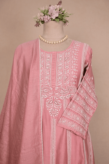 Vintage Rose Pink Chanderi Chikankari Anarkali