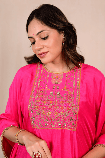 Bright Pink Dupion Silk Zardozi Kaftan