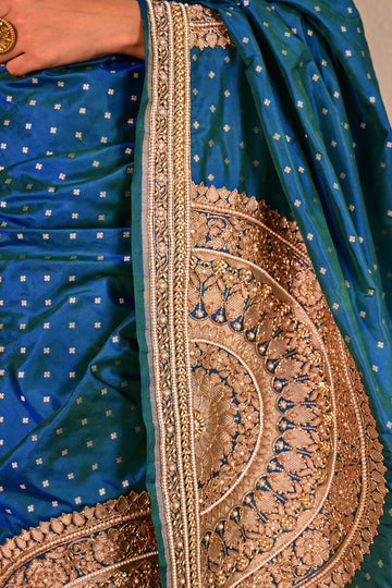 Peacock Blue Katan Silk Handcrafted Saree