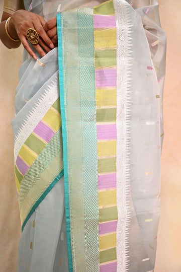 Light Blue Organza Saree with Golden Zari Booti