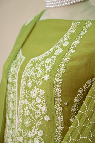 Olive Chanderi Chikankari Suit