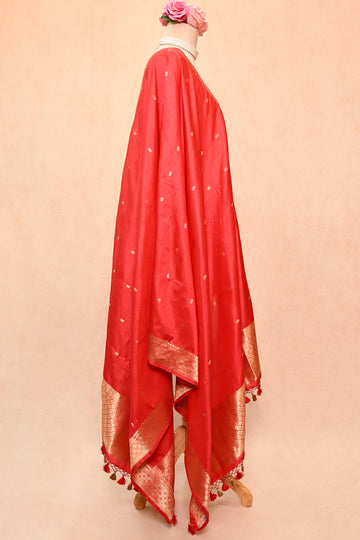 Vermillion Red Katan Silk Banarasi Dupatta
