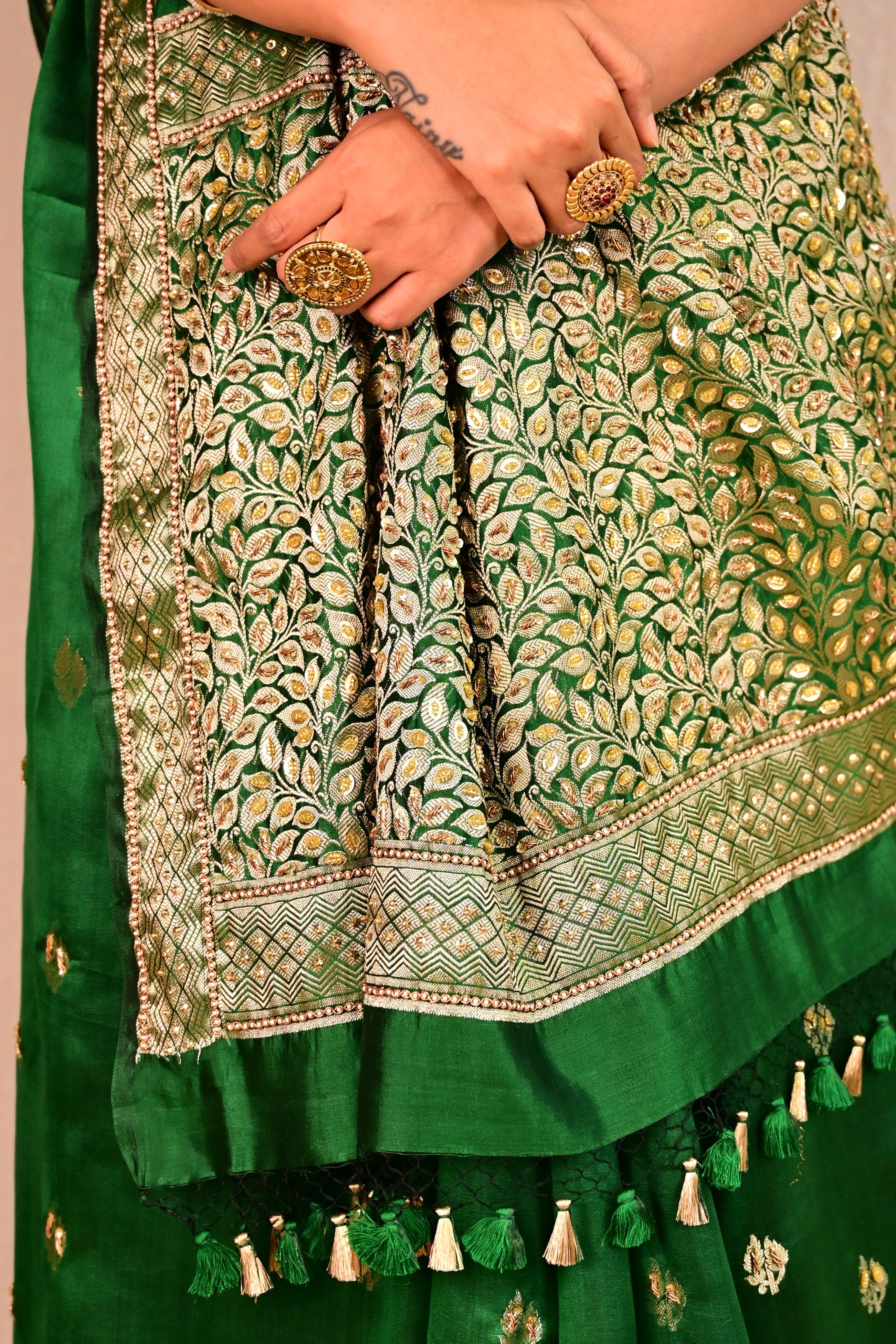 Emerald Green Katan Silk Handcrafted Saree