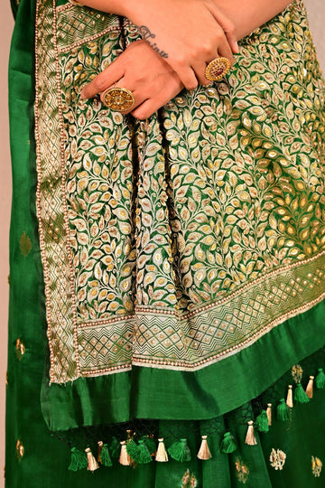 Emerald Green Katan Silk Handcrafted Saree