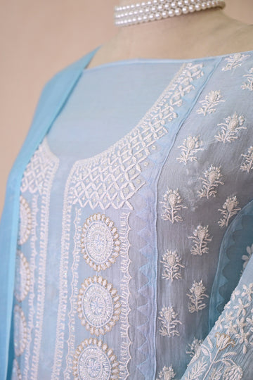Steel Blue Ombre  Chanderi Chikankari Suit