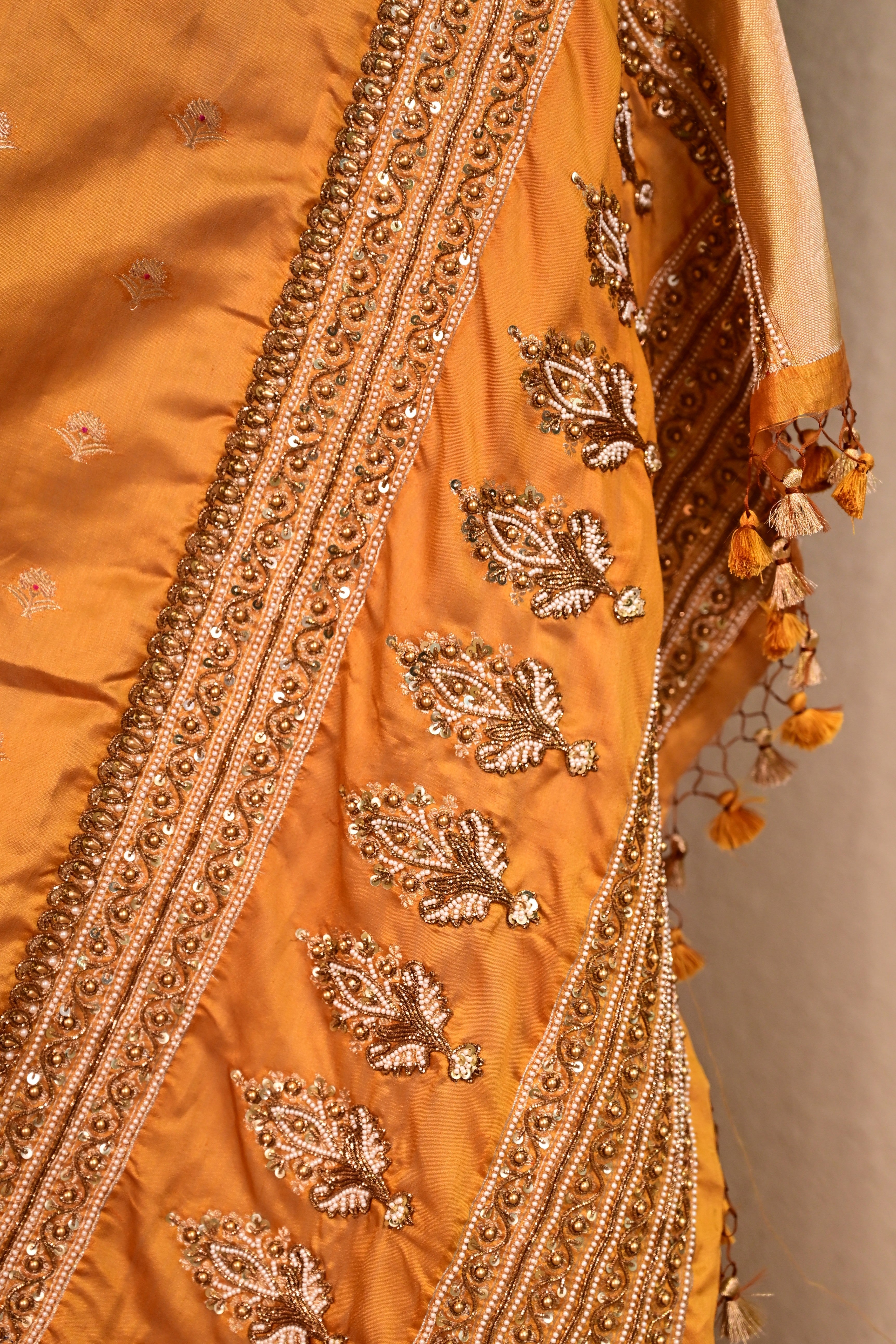 Mustard Yellow Katan Silk Handcrafted Saree