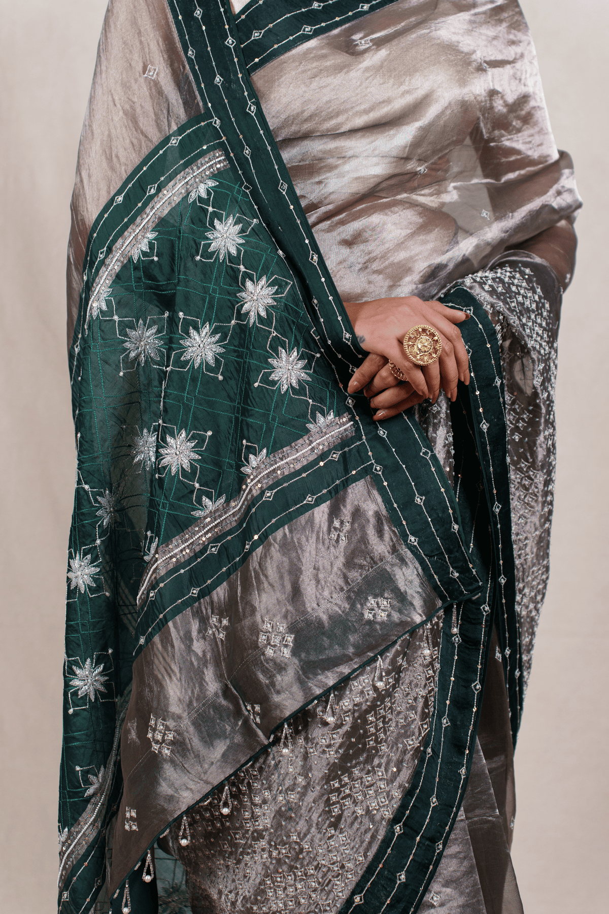 Green Antique Bronze Tissue Zardozi Saree