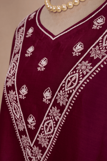 Plum Purple Banarasi Chanderi Chikankari Kaftan