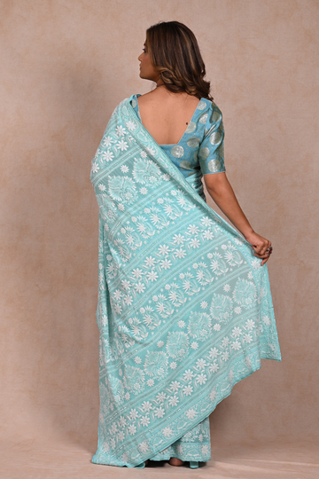 Sea Blue Georgette Chikankari saree