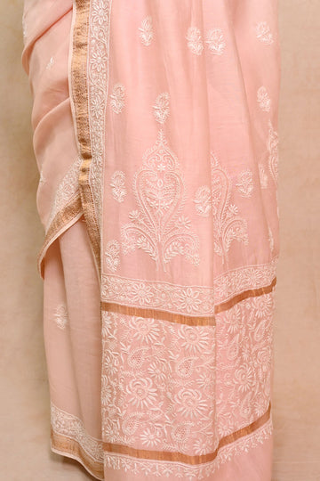 Light Peach Chanderi Chikankari Saree with Zari Border