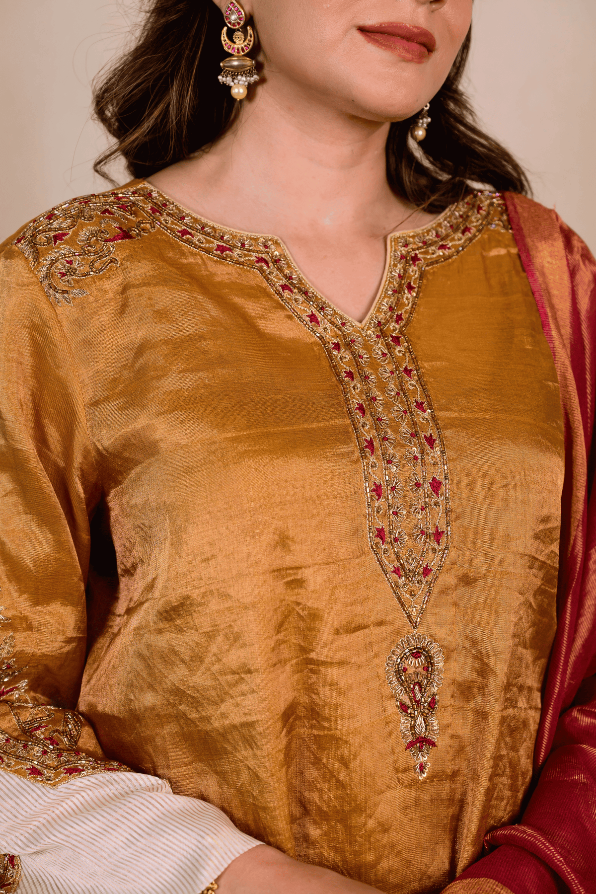 Yellow Ochre Tissue Silk Zardozi Suit