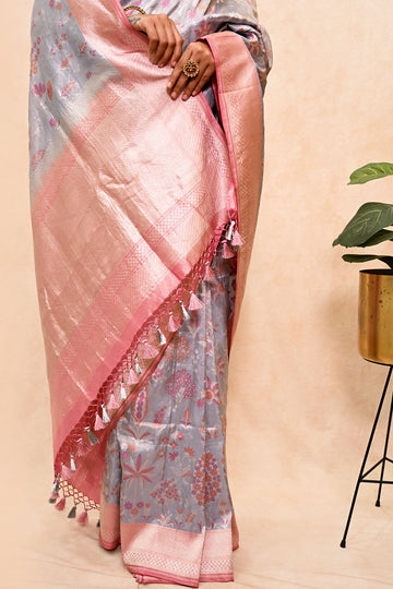 Ektara Tissue Banarasi Silk Saree with Jamdani Tilfi Motifs & Silver-Resham Tassels