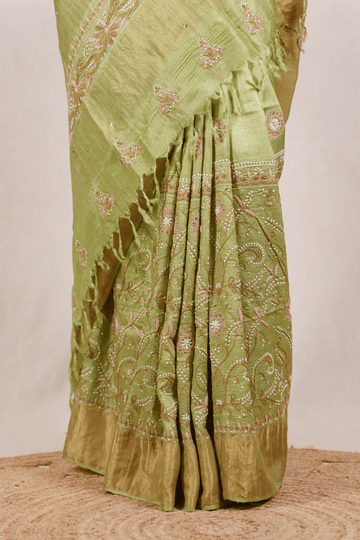Grass Green Moonga Tussar Chikankari Saree