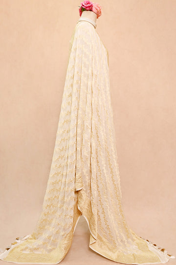 Off White Khaddi Georgette Banarasi Dupatta with Floral Stripes