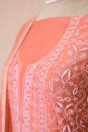 Coral Pink Moonga Silk Chikankari Suit