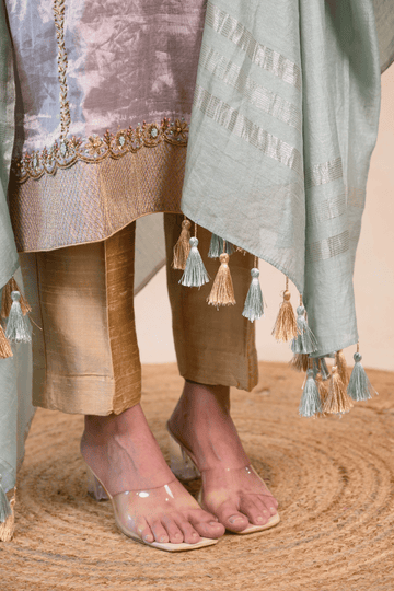 Lavender Grey Tissue Silk Zardozi Suit